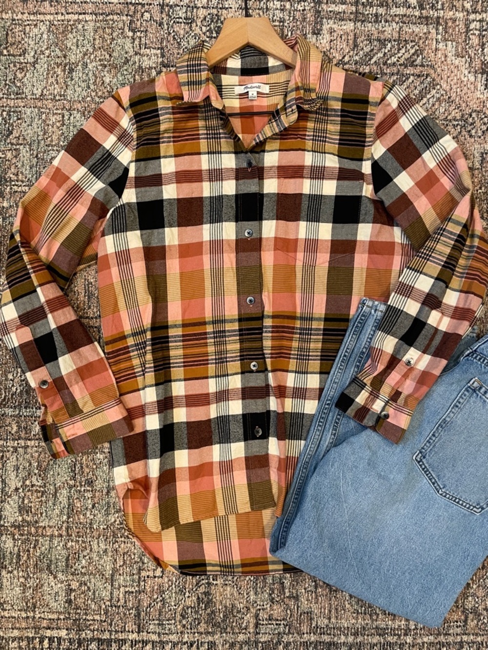 Madewell Plaid Flannel Button Down Shirt Size M Brown Orange Fall Classic